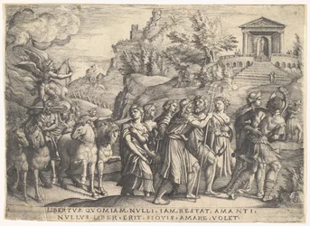 Triumph of Love: fire hester trekker en vogn med Cupid stående på en rykende plattform..., ca. 1539.