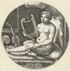 Sittende naken kvinne med en harpe; harpist