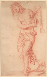 Ecce Homo. Stående, lidende Kristus med ris og knytt pisk og tornekrone på hodet
