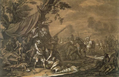 Militærkirurg på slagmarken under den spanske arvefølgekrigen, 1707, gravert av Christian Rugendas (1708-81) ca. 1740