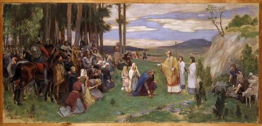 Anschaire (Oscar) de Breme (801-865) preche le christianisme en Scandinavie - Ansgar Preaching Christianity, av Pauli, Georg (1855-1935). Olje på lerret. Mål: 64x136 cm. Nationalmuseum Stockholm
