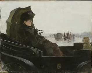 Kvinne i en vogn, Paris - Dame i en landau-vogn, Paris, av Pauli, Georg (1855-1935). olje på tre