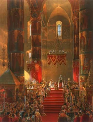 Metropolitten bøyer kne under kroningsseremonien til tsar Aleksander II, Moskva, 1856.