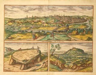 Dolmen nær Poitiers og byen Poitiers og Montherre fra Civitates Orbis Terrarum av Georg Braun