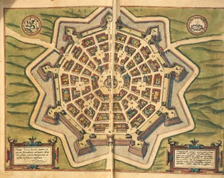 Italia, Palmanova, kart, gravering fra Civitates Orbis Terrarum av Georg Braun og Franz Hogenberg, aktiv i Köln