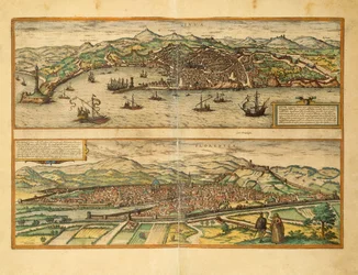Kart over Genova og Firenze fra Cities of the World av Georg Braun