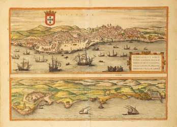Kart over Lisboa og Cascais fra USA av Georg Braun