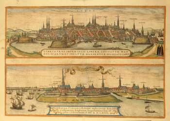 Kart over Lubeck og Hamburg fra Cities of the World av Georg Braun