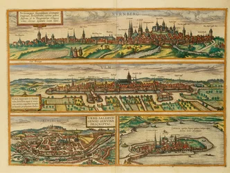 Kart over Nürnberg, Ulm, Salzburg og Lindau fra Civitates Orbis Terrarum av Georg Braun