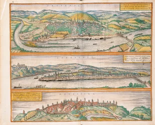 Kart over Trier, Koblenz og Rothenburg fra Civitates Orbis Terrarum av Georg Braun