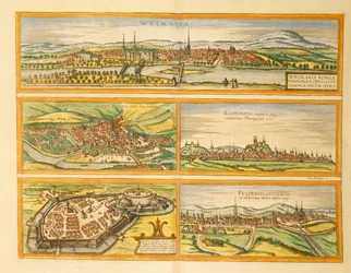 Kart over Weimar, Jena, Erfurt, Gotha og Fulda fra Cities of the World av Georg Braun