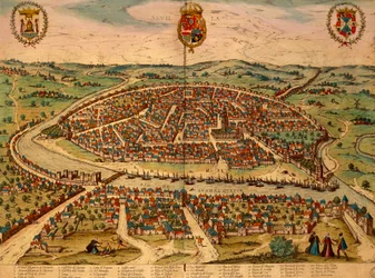 Spania, Sevilla, Utsikt over byen, fargegravering fra Civitates Orbis Terrarum av Georg Braun (1541-1622) og Franz Hogenberg (1535-1590)