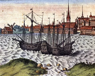 Havnen i Lubeck etter Theatrum Orbis Terrarum i Braun og Hogenberg. 17. århundre.