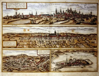 Utsikt over de tyske byene Nürnberg og Ulm, Salzburg, Østerrike. Gravering fra atlaset til "Braun og Hogenberg" 1572