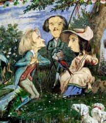 Fan av karikaturer malt i gouache av George Sand (Aurore Dupin, Baronne Dudevant) (1804-1876) og Auguste Charpentier (1815-1880): detalj som viser bokstavkvinnen George Sand, omgitt av Eugene Delacroix (i midten) og Franz Liszt. 1800-tallet