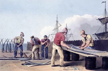 Fiskere skraper og renser restene av hvaler fra «The costume of Yorkshire», gravert av Robert Havell (1769–1832) 1814 (lito).
