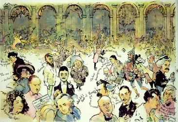 Berømte ansikter utenfor Florians på Piazza San Marco, Venezia, ca. 1990 (gouache på hardboard med blekk på acetatoverlegg)