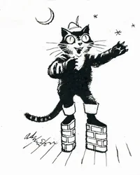 Puss in (murveggplattform) støvler (blekk på gjennomsiktighet over hvitt kort)