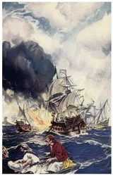 Brulot anklager om eksplosiver kastet mot et skip Illustrasjon fra "" Pirates of Panama or The Buccaneers of America"" av George Albert Williams (1875-1932) 1914