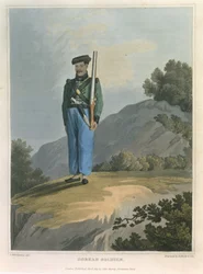 Gorkah Soldier, fra Journal of a Route Across India and Through Egypt, gravert av R. Havell og Son, pub. av John Murray, 1819