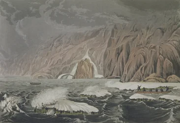 Ekspedisjon som dobler Cape Barrow, 25. juli 1821, fra Narrative of a Journey to the Shores of the Polar Sea in the Years 1819-22 av Sir John Franklin (1786-1847) gravert av Edward Finden (1791-1857) pu