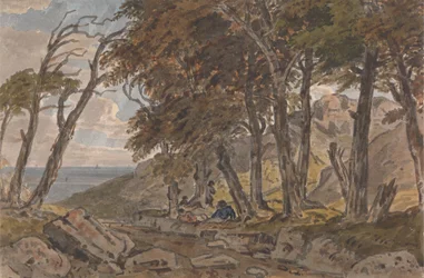 Figurer på bredden av en skogkledd vei, med havet i avstand til venstre