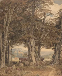 Storfe og sauer ved hvile i utkanten av en skog, ca. 1840.