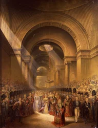 Ankomsten av hennes mest nådige majestet dronning Victoria til House of Lords for å åpne sitt første parlament (trykk)