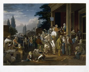 Fylkesvalget, 1854 (mezzotint og linjegravering med original håndfarging)