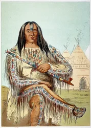 Amerikanske indianere: Portrett av en leder for Blackfoot-stammen (Svartføtter), omkring 50 år gammel. Illustrasjon av George Catlin (1794-1872)