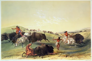 Buffalo Hunt, plate 7 fra Catlins North American Indian Collection, gravert av McGahey, Day og Haghe