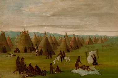 Comanche-landsby, kvinner som kler på seg kapper og tørker kjøtt