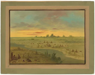 Leir av Pawnee-indianere ved solnedgang