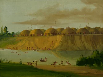 Hidatsa landsby, jorddekkede hytter, ved Knife River, 2900 km over St. Louis