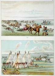 Indians of America: (øverst) stamme som beveger seg med skinn til salgs. (Bund) stamme på 500 til 600 tipi. Illustrasjon av George Catlin (1794-1872)