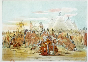 Indians of America: Assiniboin-stamme som ligner Sioux-dansende pipedans. Illustrasjon av George Catlin (1794-1872)
