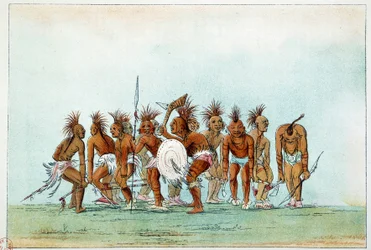 Indians of America: Black Hawk-stammen som danser tiggerdans for turister. Illustrasjon av George Catlin (1794-1872)