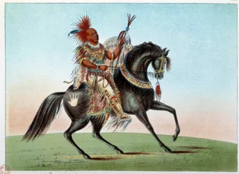 Indians of America: Ridesportrett av en indianerhøvding fra stammen Sachsen og rever. Illustrasjon av George Catlin (1794-1872)