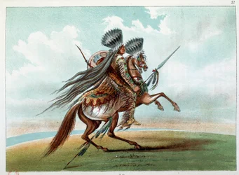 Indians of America: Indiske miniatyrer som jakter på ville hester ved foten av Rockies. Illustrasjon av George Catlin (1794-1872)