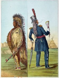 Indians of America: Indisk assiniboine-veterinær i militær i lommene sine to flasker whisky. Illustrasjon av George Catlin (1794-1872)