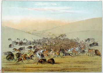 Indians of America: Indiske miniater som jakter bøffel med spyd. Illustrasjon av George Catlin (1794-1872)