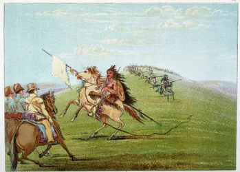 Indianere i Amerika: Indianere kommanderte mot hæren. Illustrasjon av George Catlin (1794-1872)
