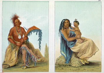 Amerikas indianere: Portrett av en Osage-høvding kalt Clermont med sin kone og sønn. Illustrasjon av George Catlin (1794-1872)