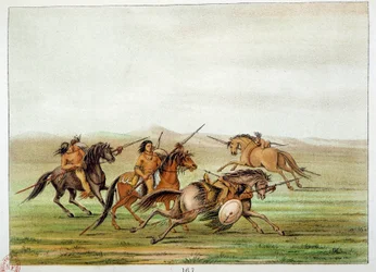 Indians of America: Warriors Commanders som trener på hesteryggen. Illustrasjon av George Catlin (1794-1872)