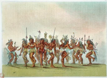 Amerikanske indianere: dans åndene blant siouxerne for å oppnå himmelens nåde. Illustrasjon av George Catlin (1794-1872)