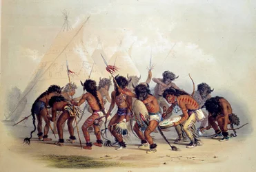 Amerikanske indianere som danser bøffel. Litografi av George Catlin