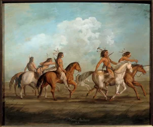 Indians of America on Horseback Maleri av George Catlin (1794-1872) (ec.bitter.) La Rochelle fra 1800-tallet, Musee du Nouveau Monde - indianere til hest. Maleri av George Catlin (1794-1872) (American School)