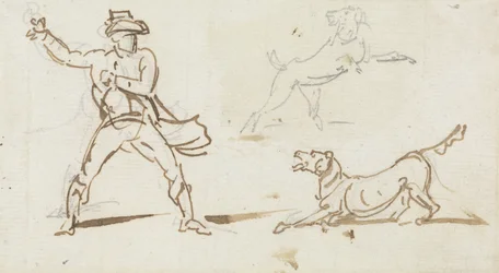 En mann som kaster en ball til en hund (penn og grafitt på papir)