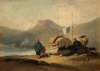 Kinesisk scene, båter ved en innsjø