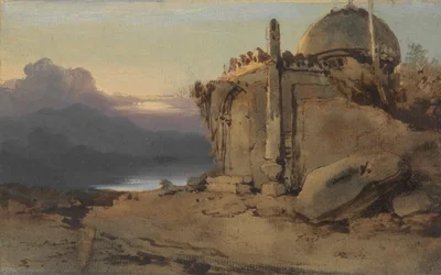 Ruinene av et tempel, solnedgang